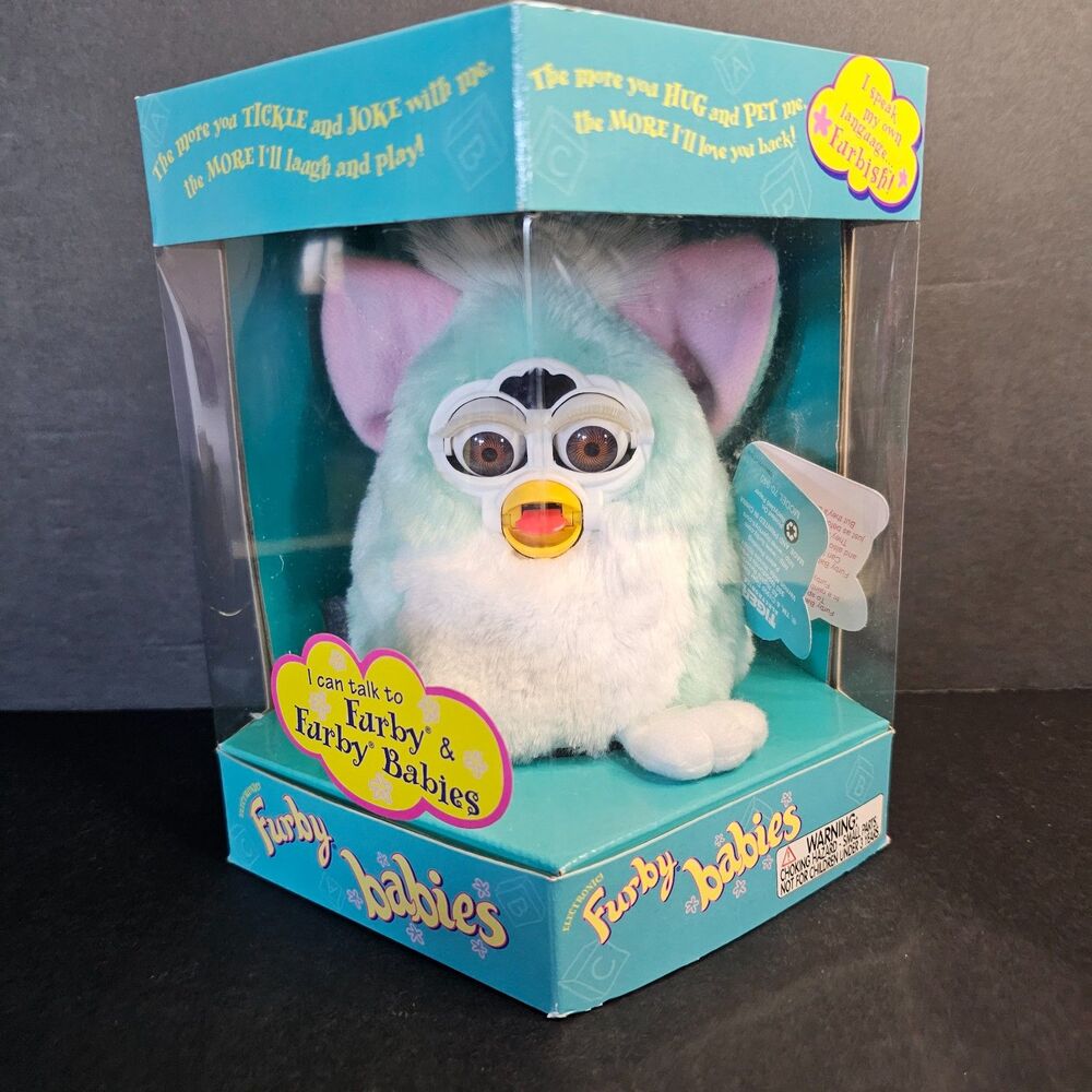 New Teal White Furby Baby, Vtg 1999 Tiger Electronics Talking Pet